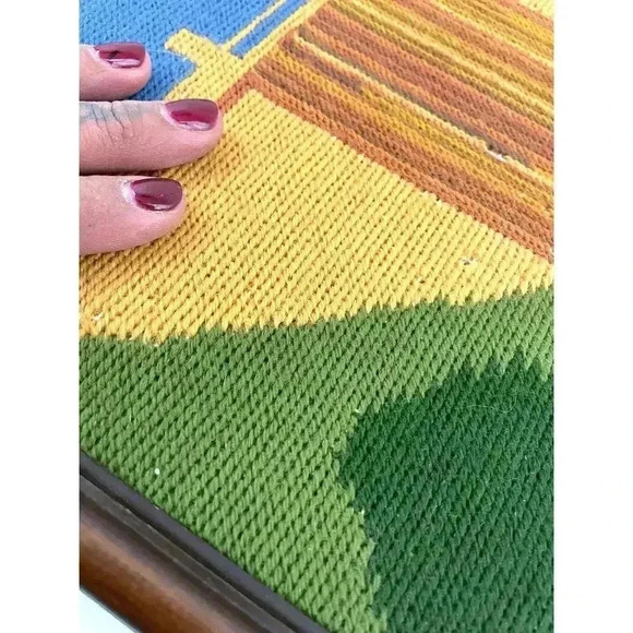 VTG Three Shastas Dam CA Needlepoint Embroidered MCM Fiber Art 12"x16" Framed - Picture 14 of 15